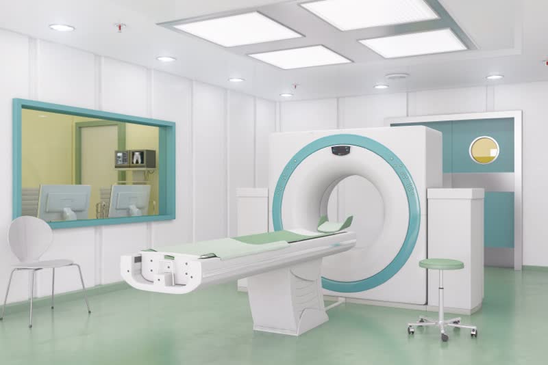 Render 3d di uno scanner per effettuare una angio tomografia computerizzata (AngioTAC o Angio TC)